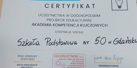 Powiększ grafikę: Certyfikat uczestnictwa w ogólnopolskim projekcie edukacyjnym "Akademia Kompetencji Kluczowych"
