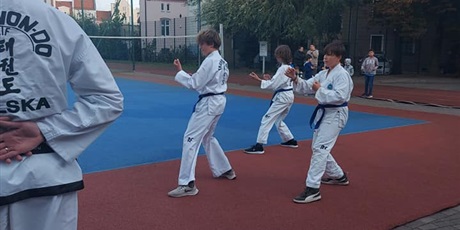 Powiększ grafikę: Pokazy teakwondo na boisku szkolnym podczas Festynu Sąsiedzkiego