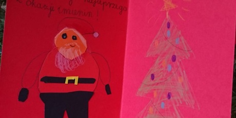 Powiększ grafikę: Laurka dla św. Mikołaja, na jednej stronie - Mikołaj, na drugiej - choinka.